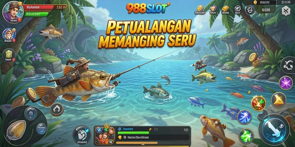 Screenshot menampilkan karakter dalam 988SLOT saat memancing di lautan.