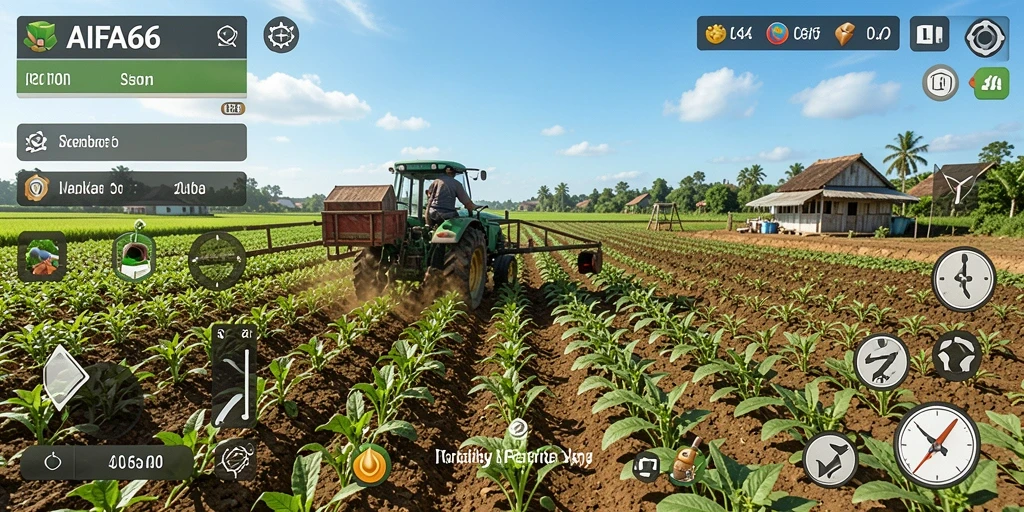 Tampilan gameplay AIFA66 dengan ladang yang subur dan aktifitas bertani.