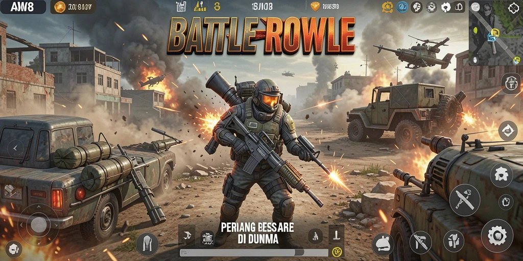 Tangkapan layar AW8 menampilkan aksi seru di medan perang Battle Royale.