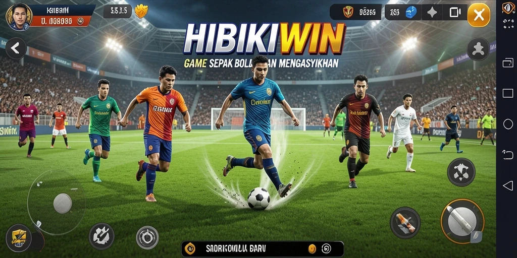 Tampilan gameplay seru dalam HIBIKIWIN dengan aksi sepak bola yang mendebarkan.