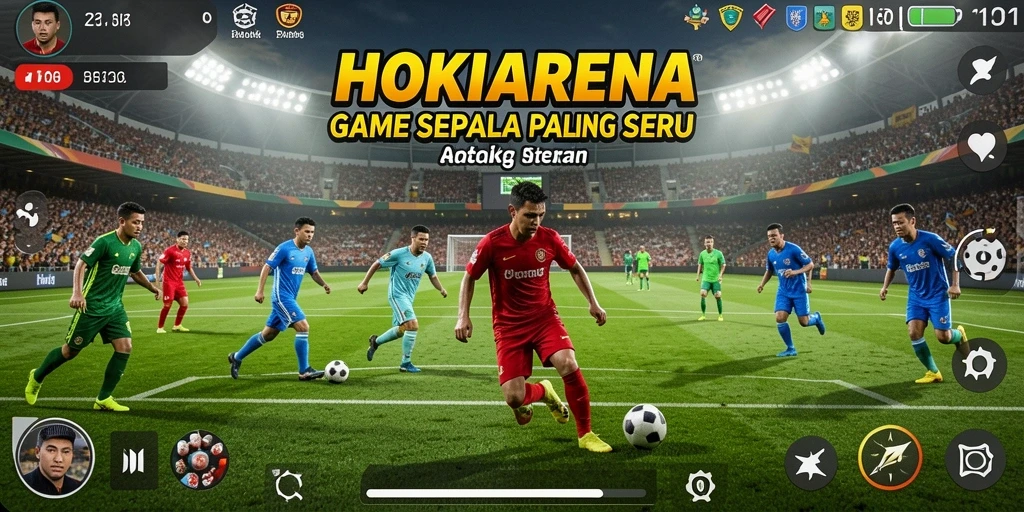 Screenshot gameplay HOKIARENA menunjukkan aksi seru di lapangan sepak bola.