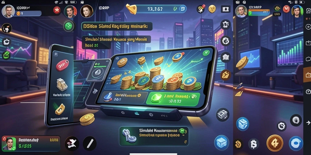 Screenshot gameplay <strong>IDRRP</strong> menampilkan antarmuka interaktif dengan statistik keuangan yang menarik.