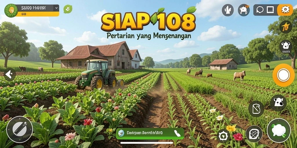 Tampilan antarmuka permainan SIAP108 dengan berbagai tanaman dan ladang.